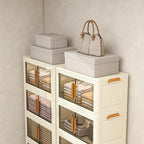 Plastic Stackable Storage Bins with Lids and Wheels, 182.4QT-45.6QT*4Tier Foldable Closet Organizers and Containers, Collapsible Clear Drawer Storage Cabinet with Doors Ivory White