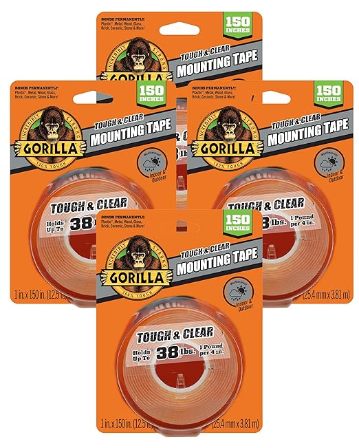 Gorilla Tough & Clear Double Sided Mounting Tape, Clear Tape, 1" x 150" (Pack of 4) - Weatherproof for Indoor or Outdoor