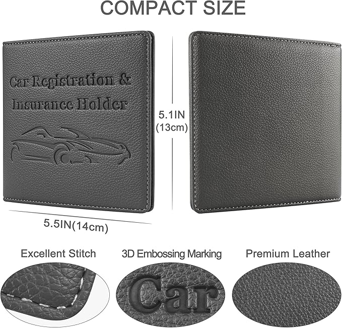 Car Registration and Insurance Holder, Premium PU Leather Vehicle Glove Box Car Organizer Men Women Wallet Accessories Case for ID, Driver's License - Grey
