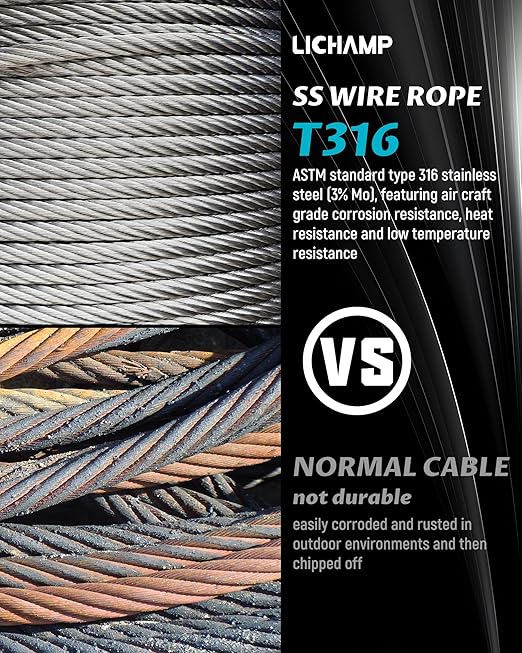 Lichamp 550FT 1/8" Stainless Steel Wire Rope Cable, Aircraft 316 SS Braided Steel Wire Thin Metal Cable Hardware for Deck Railing Handrail Safety System, SSC550