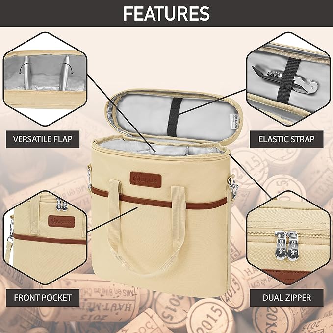 Opux 3 Bottle Insulated Leakproof Wine Cooler Bag, Tote for Picnic Beach, Portable Carrying Case, Cream