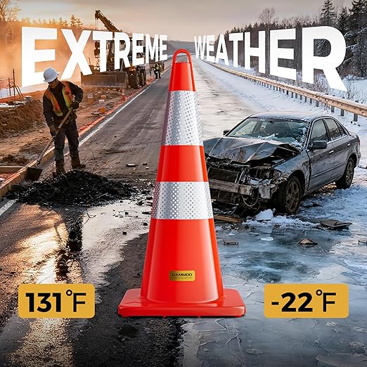 10 Pack 28 Inch Traffic Cones, from -22℉ to 131℉, MUTCD-Compliant Orange Safety Cone with Reflective Collar ＆ Extra Caution Tape for Parking Lot, Construction Work, Road Safety