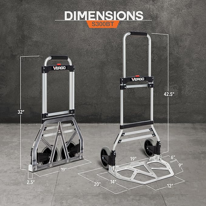 Vergo 275 Ibs Capacity Folding Hand Truck Dolly – Lightweight Aluminum Frame Dolly Cart with 42" Telescoping Handle, Compact Hand Cart with 7” Rubber Wheels - Ideal for Multi-Purpose Use (S300BT)