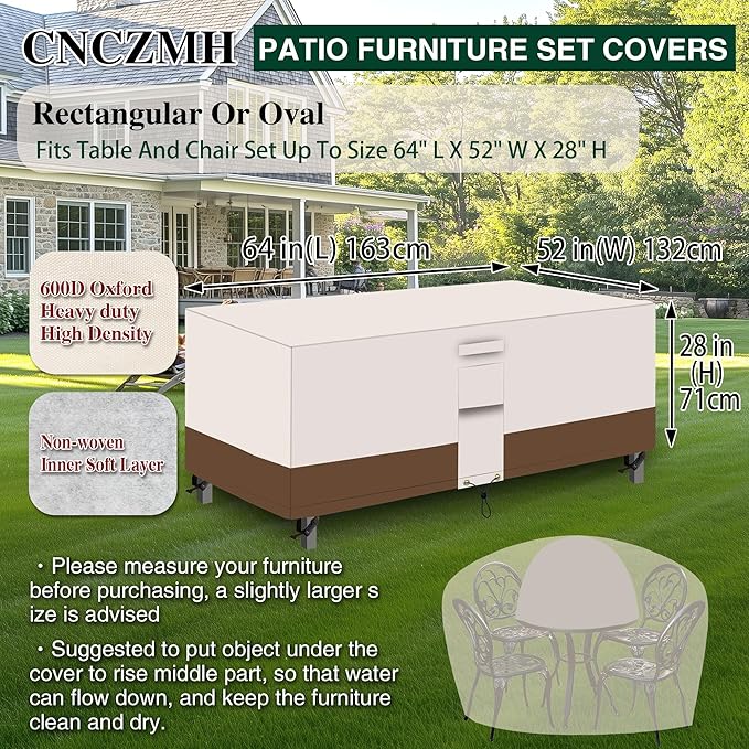 Heavy Duty Patio Furniture Covers Waterproof, 600D Outdoor Furniture Cover Waterproof for Sectional Sofa Couch, Outdoor Dining Table and Chair Set Covers 64''L x 52''W x 28''H, Beige Brown