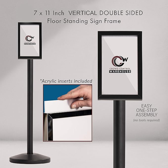 Crowd Control Warehouse Pedestal Standing Floor Sign Frame with Sloped Base, 7x11 Inch Vertical, Polished Stainless Steel