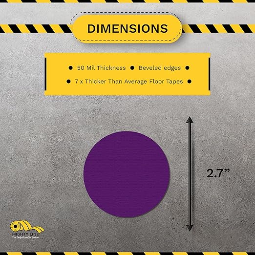 Mighty Line 2.7" Solid Dot Shaped Floor Marking Tape for Safety, Caution, Warning, Heavy-Duty, Peel and Stick, Adhesive Circle Spots, Industrial Quality, Purple, Pack of 100