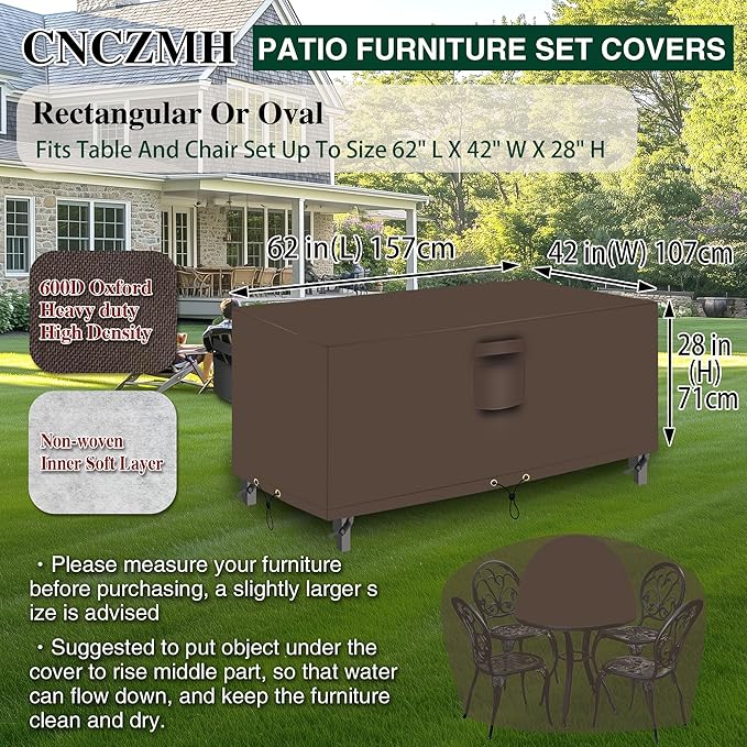 Heavy Duty Patio Furniture Covers Waterproof, 600D Outdoor Furniture Cover Waterproof for Sectional Sofa Couch, Outdoor Dining Table and Chair Set Covers 62''L x 42''W x 28''H, Brown