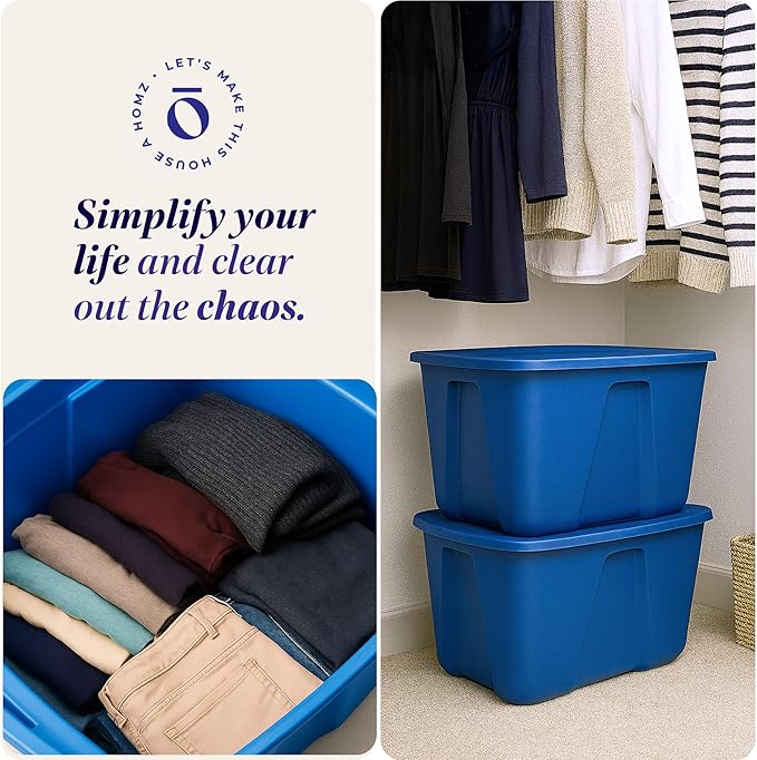 HOMZ 2-Pack Durable Molded Bin, Plastic Storage Containers with Lids, 32 Gallon, Blue - Stackable Organizer Totes and Boxes for Bedroom, Kitchen, and Garage Organization