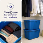 HOMZ 2-Pack Durable Molded Bin, Plastic Storage Containers with Lids, 32 Gallon, Blue - Stackable Organizer Totes and Boxes for Bedroom, Kitchen, and Garage Organization