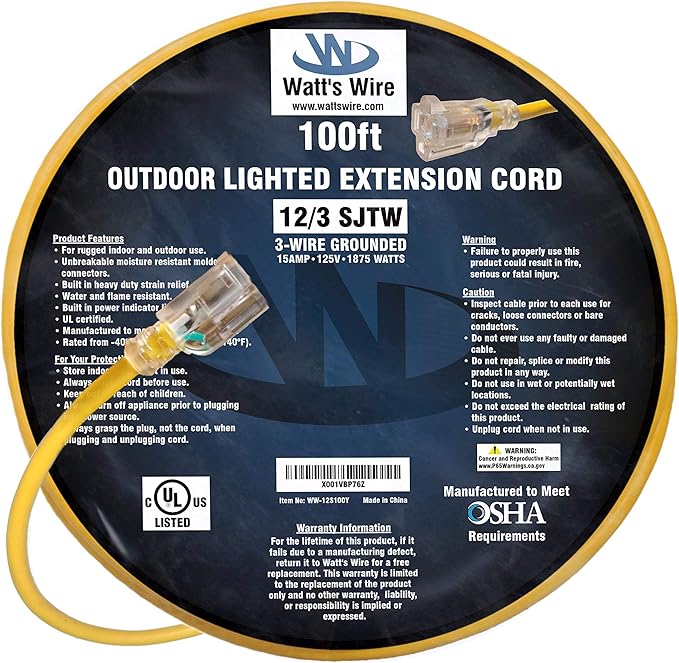 100 ft Outdoor Extension Cord Waterproof - 12 Gauge Heavy Duty Extension Cord 100 ft - Lighted Outdoor Extension Cords - Watts Wire - 100' Grounded - extensiones electricas