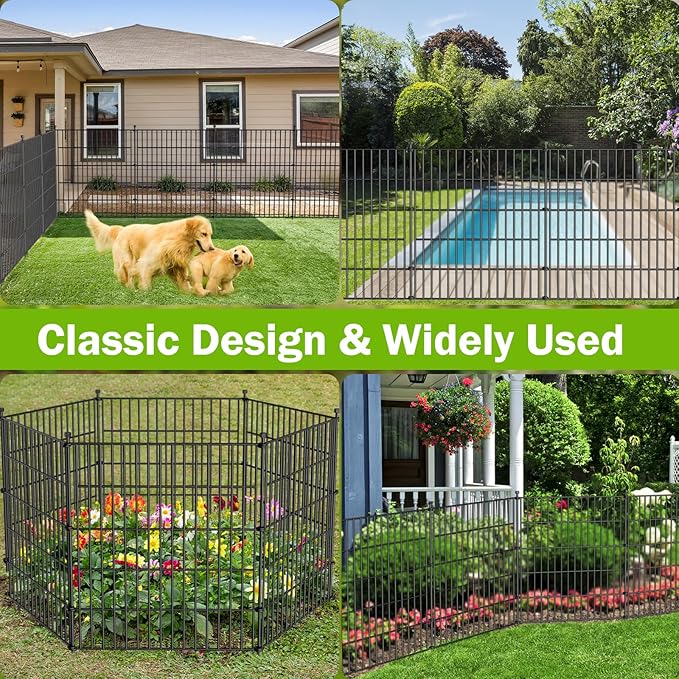 5 Panels No Dig Decorative Outdoor Garden Fence with Gate for Yard, 48 in(H) X 13.13 ft(L) Animal Barrier Fencing Rustproof Metal Wire Panel Border for Dog, Rabbits, and Patio Temporary Ground Stakes