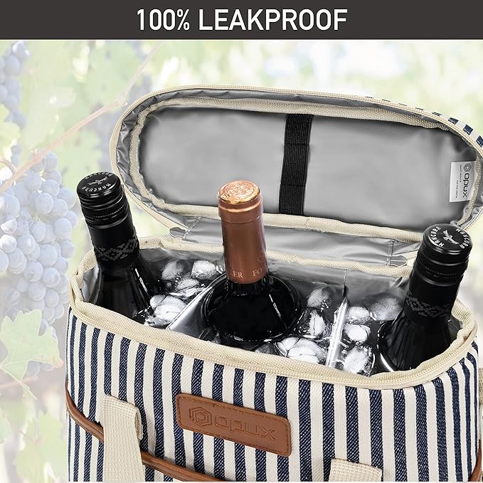 Opux 3-Bottle Wine Carrier Tote, Insulated Leakproof Cooler Bag, Portable Wine Bottle Tote for Picnic, BYOB, Beach - Stripe