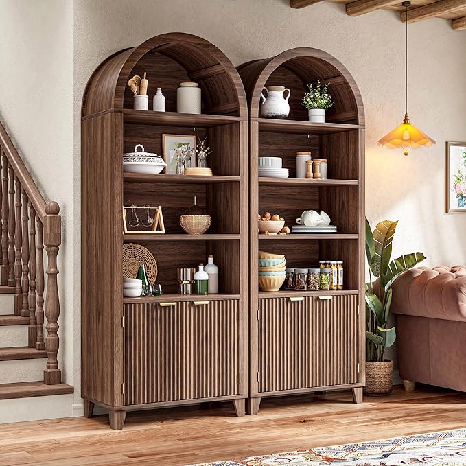 79.9" Tall Arched Storage Cabinet, 6-Tier Pantry Cabinet with Fluted Doors, Arch Kitchen Pantry with Open & Adjustable Shelves, Versatile Cupboard for Dining Room, Living Room, Walnut
