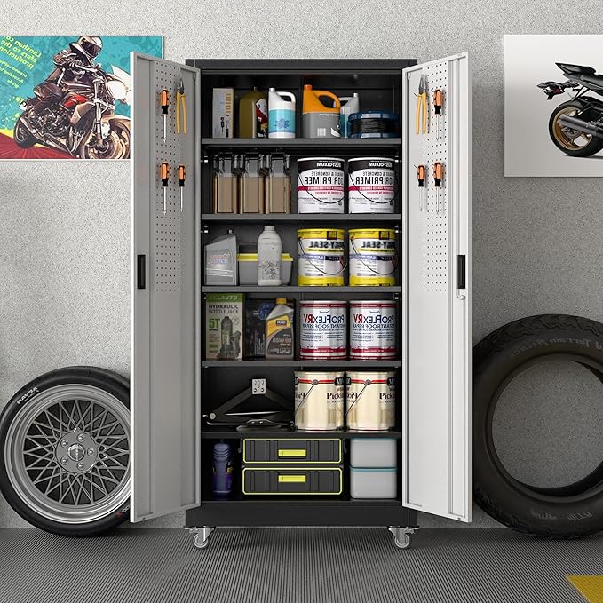 Garage Storage Cabinet with Wheels & Pegboard, Lockable Metal Storage Cabinet with Doors and 5 Adjustable Shelves for Garage Workshop Home, Assembly Required, Black and Silvery, 71" H×34" W×18" D