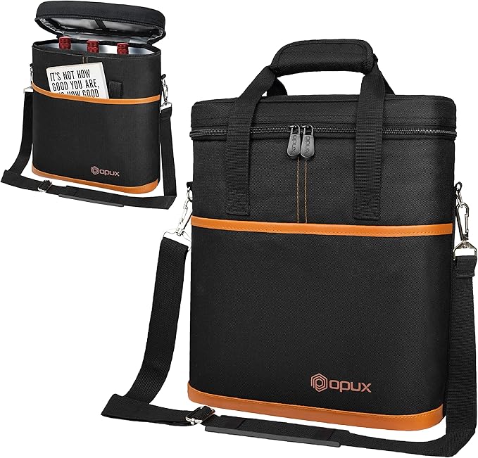 opux 3 Bottle Wine Carrier Tote, Insulated Leakproof Wine Cooler Bag, Wine Travel Bag Tote for Picnic BYOB Beach, Portable Wine Bottle Carrying Case, Gift for Wine Lover Women Men Christmas, Brown