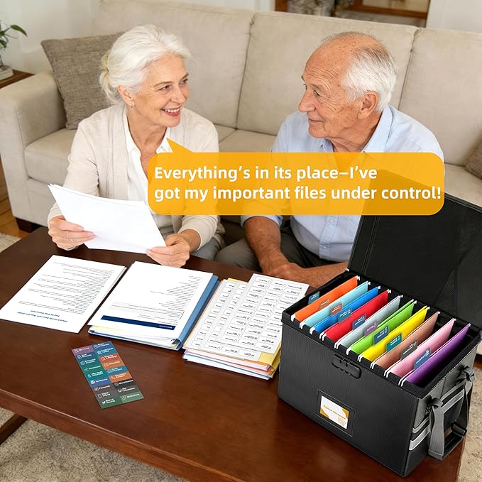 Deluxe Pro Large Next of Kin Box Organizer with 50-Page Family Document Guide, Fireproof Foldable File Organizer with Combination Lock, 10 Hanging Files and 115 Category Labels (15.7"L×12.2"W×10.6"H)