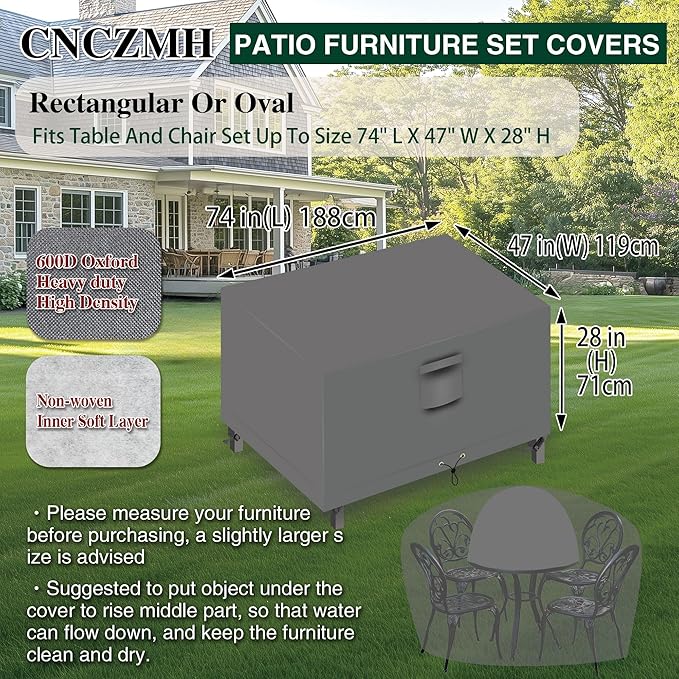 Heavy Duty Patio Furniture Covers Waterproof, 600D Outdoor Furniture Cover Waterproof for Sectional Sofa Couch, Outdoor Dining Table and Chair Set Covers 74''L x 47''W x 28''H, Grey