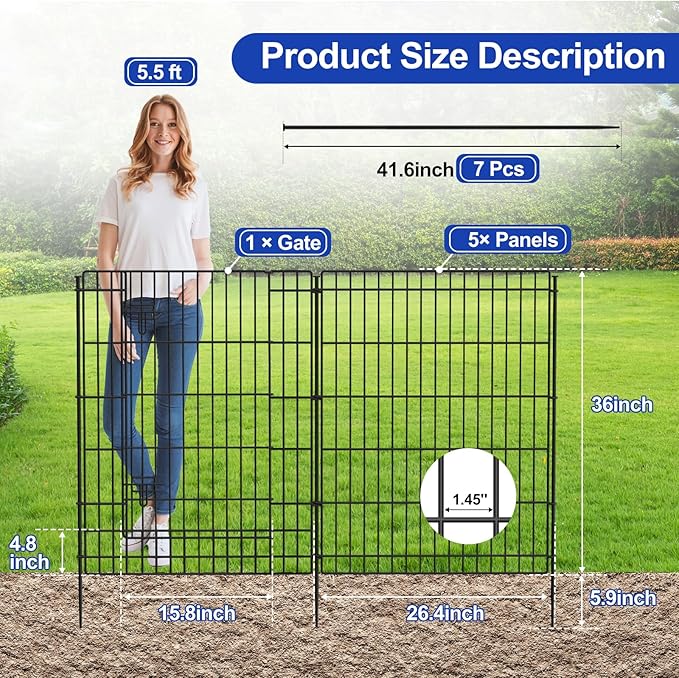 INJOPEXI Decorative Garden Fence 6 Panels 13ft (L)×36in (H) Metal Garden Fences with 5 Panels + 1 Gate, Animal Barrier Rabbit Fence Rustproof Wire Temporary Dog Fencing Outdoor for Yard Lawn Patio