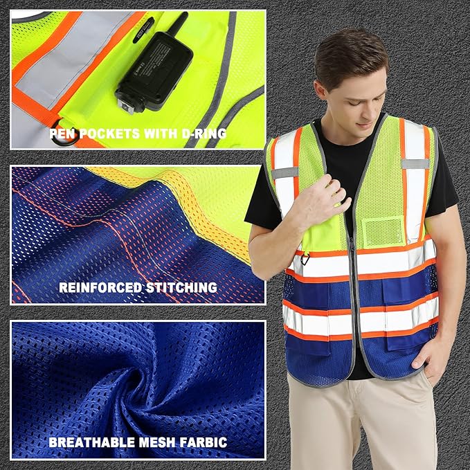 BeautyWill Custom Logo Safety Vest Class2 High Visibility Reflective Vest Breathable Construction Vest
