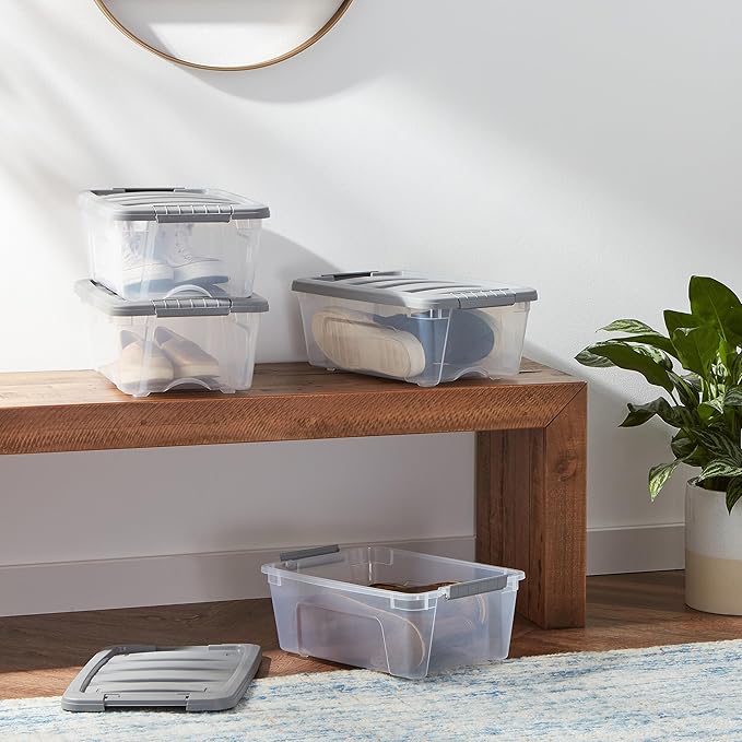 Amazon Basics Plastic Storage Containers with Secure Latching Lids, Stackable Organization Bins, Clear/Grey, 12 Quart, Set of 6
