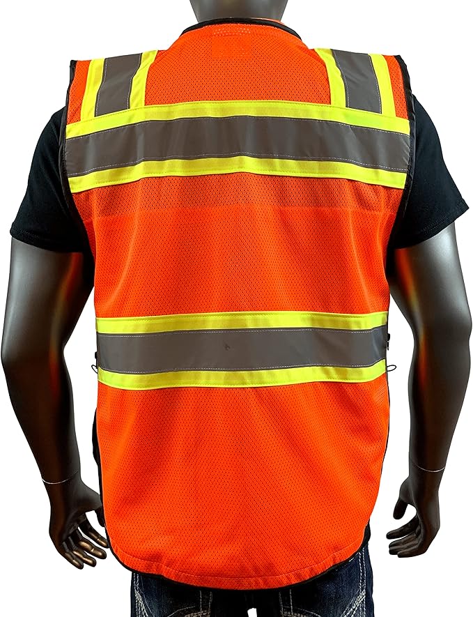 C Vest for Mens Safety Vest With Zipper and Utility Pockets Premium Black Series Surveyors Vest (Large, Orange/Black)