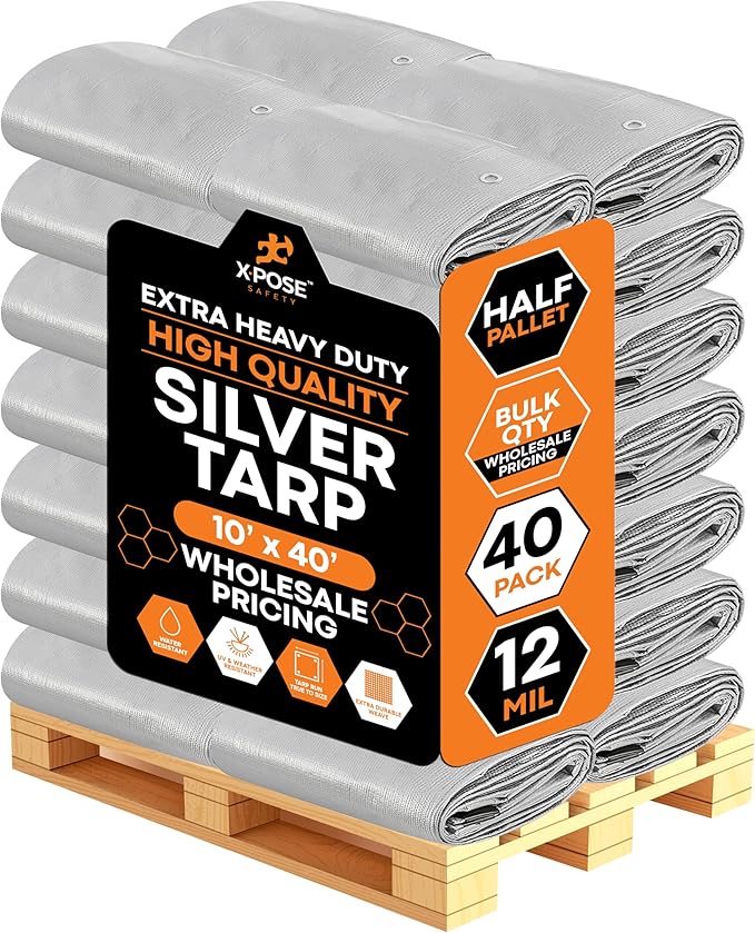 Heavy Duty Silver Poly Tarp 10' X 40' - Bulk Half Pallet (40 Pack) - Multipurpose Protective Cover - Durable, Weather Proof & Tear Resistant - 12 Mil Thick Polyethylene - by Xpose Safety