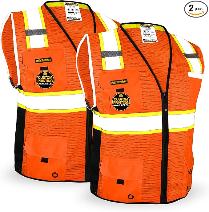 KwikSafety - Charlotte, NC - BIG KAHUNA Safety Vest [2 PACK] Class 2 ANSI OSHA Reflective Vest Durable High Visibility Vest Construction Safety Vest for Men Industrial Work Gear/Orange XL