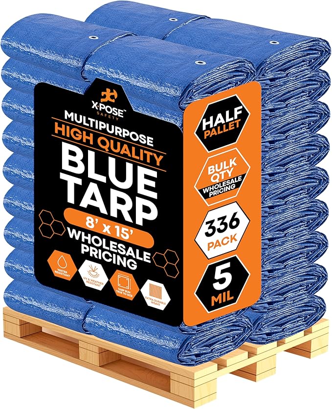 Better Blue Poly Tarp 8' x 15' - Bulk Half Pallet (336 Pack) Multipurpose Protective Cover - Lightweight, Durable, Waterproof, Weather Proof - 5 Mil Thick Polyethylene - by Xpose Safety
