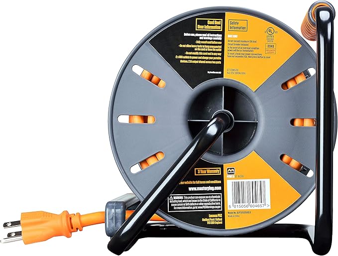 Masterplug 75ft Cord Reel, Retractable Extension Lead with Winding Handle, Safety Overload Circuit Breaker and Power Switch, 4x Grounded Outlets, 2x USB Ports, 15amps, 12AWG Cable