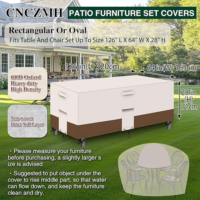 Heavy Duty Patio Furniture Covers Waterproof, 600D Outdoor Furniture Cover Waterproof for Sectional Sofa Couch, Outdoor Dining Table and Chair Set Covers 126''L x 64''W x 28''H, Beige Brown