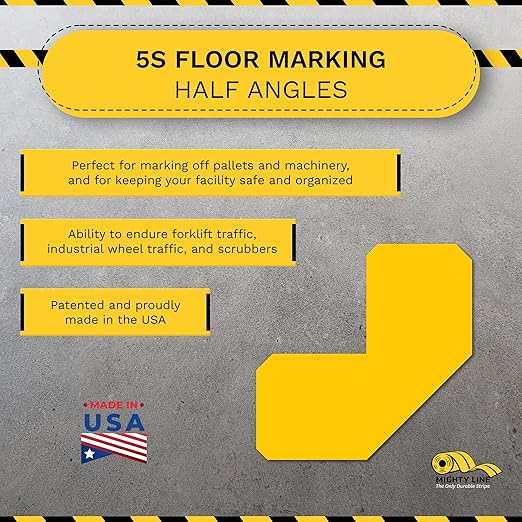 Mighty Line 2" Half Angle Marker Floor Marking Tape for Safety, Caution, Warning, Heavy-Duty, Peel and Stick, Adhesive, Industrial Quality, Yellow, Pack of 100