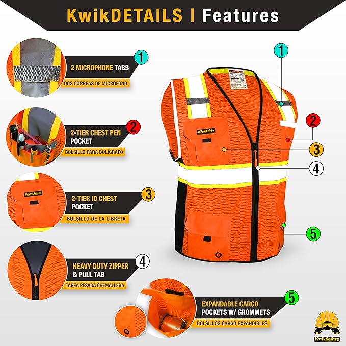 KwikSafety - Charlotte, NC - BIG KAHUNA Safety Vest [11 Pockets] Class 2 ANSI OSHA Reflective Vest Durable High Visibility Vest Construction Safety Vest for Men Industrial Work Gear/Orange 3XL