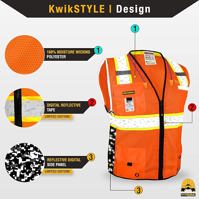 KwikSafety - BIG KAHUNA DIGITAL Safety Vest [LIMITED EDITION] Class 2 ANSI OSHA Reflective Vest Durable High Visibility Vest Construction Safety Vest for Men Industrial Work Gear/Orange Medium