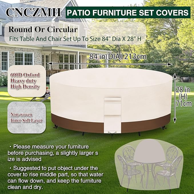 Heavy Duty Patio Furniture Covers Waterproof, 600D Round Outdoor Furniture Cover Waterproof for Sectional Sofa Couch, Outdoor Dining Table and Chair Set Covers 84"DIA x 28"H, Beige Brown