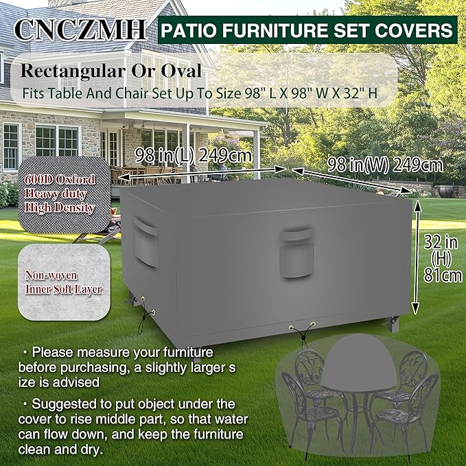 Square Heavy Duty Patio Table Covers Waterproof, 600D Outdoor Dining Table and Chair Set Covers, Outdoor Furniture Cover Waterproof for Sectional Sofa Couch 98''L x 98''W x 32''H, Grey