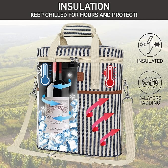 Opux 3-Bottle Wine Carrier Tote, Insulated Leakproof Cooler Bag, Portable Wine Bottle Tote for Picnic, BYOB, Beach - Stripe