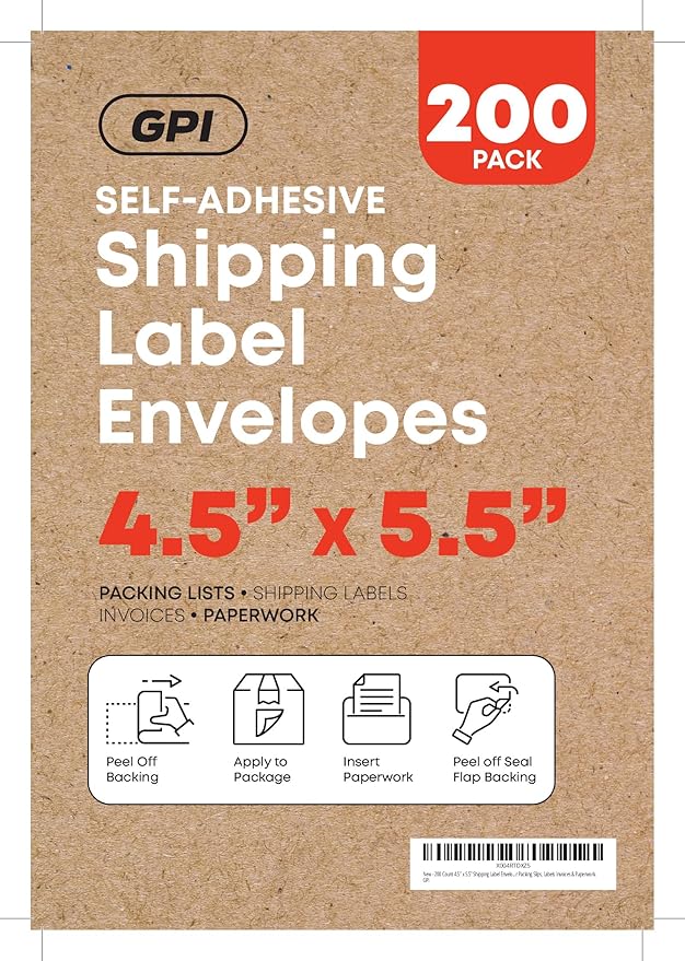 1000 Count 4.5" x 5.5" Shipping Label Envelopes, Clear Packing List Pouches with Self-Adhesive Back, Top Loading for Shipping Labels Sleeves, for Packing Slips, Labels Invoices & Paperwork. GPI