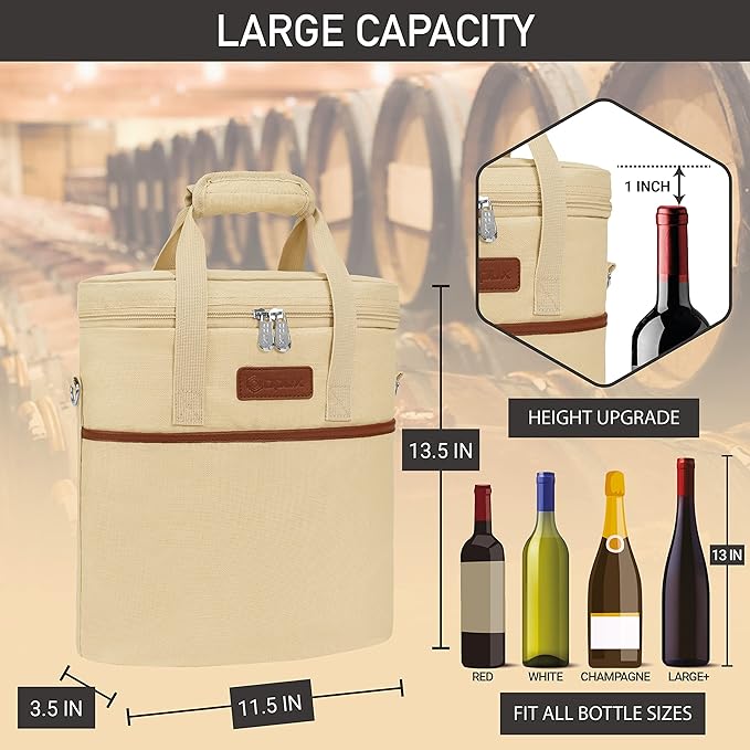 Opux 3 Bottle Insulated Leakproof Wine Cooler Bag, Tote for Picnic Beach, Portable Carrying Case, Cream