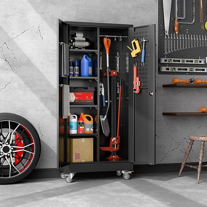 Aobabo Metal Broom Closet Storage Cabinet on Wheels and 2 Lockable Doors, Steel Cleaning Cabinet for Garage with Pegboards and Hooks,Mop Storage Cabinet,Black,Assembly Required