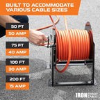 Iron Forge Cable RV Power Cord Reel Metal - Heavy Duty Extension Cord Reel, Holds 50ft 50 Amp RV Wire - Ball Bearing Spin, Powder-Coated Black Steel Frame, Floor or Wall Mountable Base