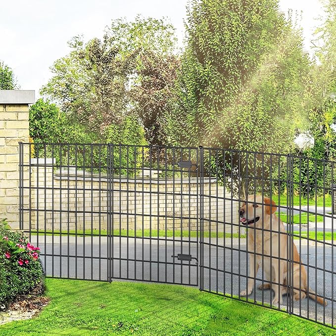 Metal Garden Fence with Gate 40in (H) x 11.7ft (L), 1 Gate + 4 Panels Dog Fence Border Fence Animal Barrier, No Dig Garden Fencing for Yard Flower Bed Lawn Patio Outdoor, PIN402805G Black