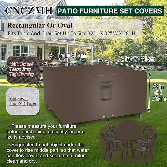 Square Heavy Duty Patio Table Covers Waterproof, 600D Outdoor Dining Table and Chair Set Covers, Outdoor Furniture Cover Waterproof for Sectional Sofa Couch 32''L x 32''W x 28''H, Brown
