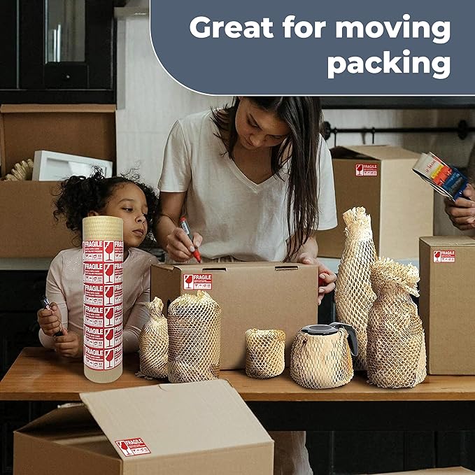 Bubble Wrap Substitute - Honeycomb Packing Paper 15''x400', Cushioning Wrap Moving, Shipping, Packing for Glassware, Plates, Cups with 36 Fragile Sticker Labels