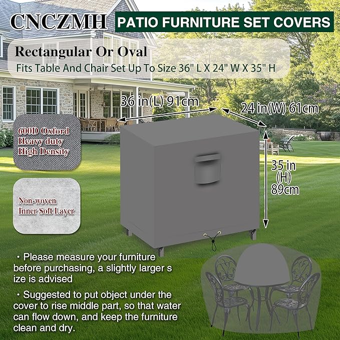Heavy Duty Patio Furniture Covers Waterproof, 600D Outdoor Furniture Cover Waterproof for Sectional Sofa Couch, Outdoor Dining Table and Chair Set Covers 36''L x 24''W x 35''H, Grey