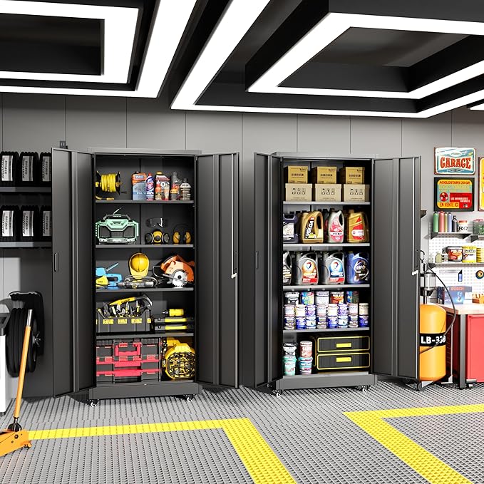Greenvelly Metal Storage Cabinet with Wheels, 73” Black Metal Rolling Garage Cabinet with 2 Door and Adjustable Shelves,Locking Storage Cabinets for Garage Home Office Utility Room