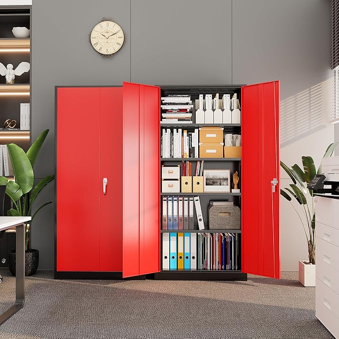 Superday Metal Storage Cabinet with Lock, 72" H Garage Storage Cabinet with Doors and 4 Adjustable Shelves,Black Red Steel Locking Cabinets for Office, Home, Garage, Gym, School