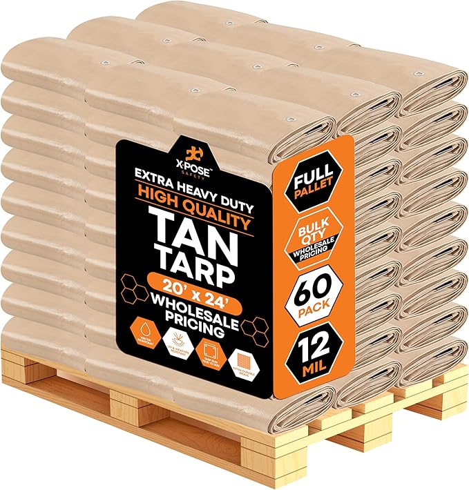 Heavy Duty Tan Poly Tarp 20' X 24' - Bulk Full Pallet (60 Pack) - Multipurpose Protective Cover - Durable, Weather Proof & Tear Resistant - 12 Mil Thick Polyethylene - by Xpose Safety