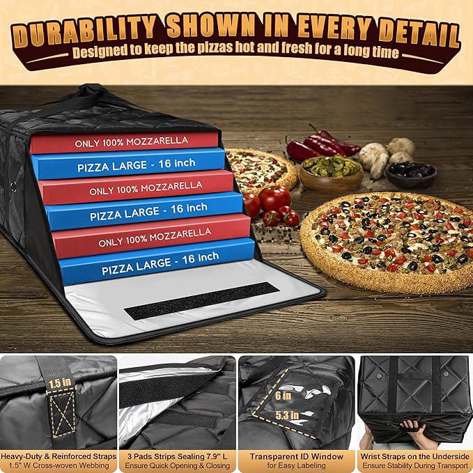 MyLifeUNIT Pizza Bag for Delivery, Thermal Insulated Pizza and Food Delivery Bag, 16" x 16" x 14" Pizza Warmer Bag, Holds 6-7 Large 14" Pizza Boxes, Hot Pizza Carrier Insulated Bags
