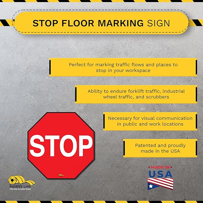 Mighty Line Stop Floor Sign Sticker for Safety, Warning, Heavy-Duty, Peel and Stick, Adhesive, Industrial Quality, 12"