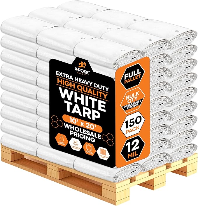 Heavy Duty White Poly Tarp 10' X 20' - Bulk Full Pallet (150 Pack) - Multipurpose Protective Cover - Durable, Weather Proof & Tear Resistant - 12 Mil Thick Polyethylene - by Xpose Safety